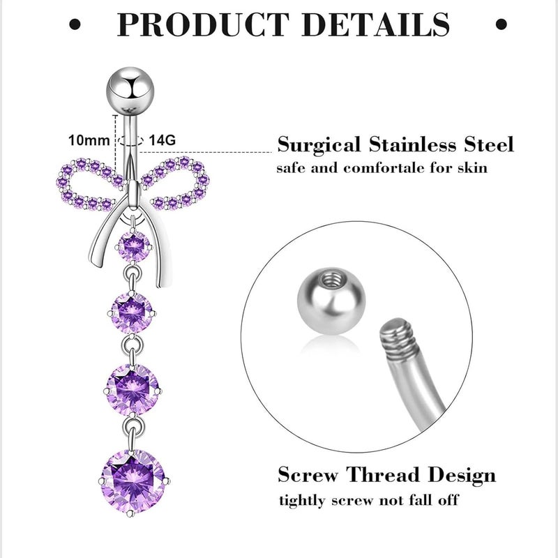 Suotarn 14G Belly Button ring Dangle Belly Rings Surgical Stainless Steel Cute Bow Butterfly Heart Flower Dangling Belly Button Piercing Jewelry For Women Silver Dainty Dangly Navel Ring - Image 2